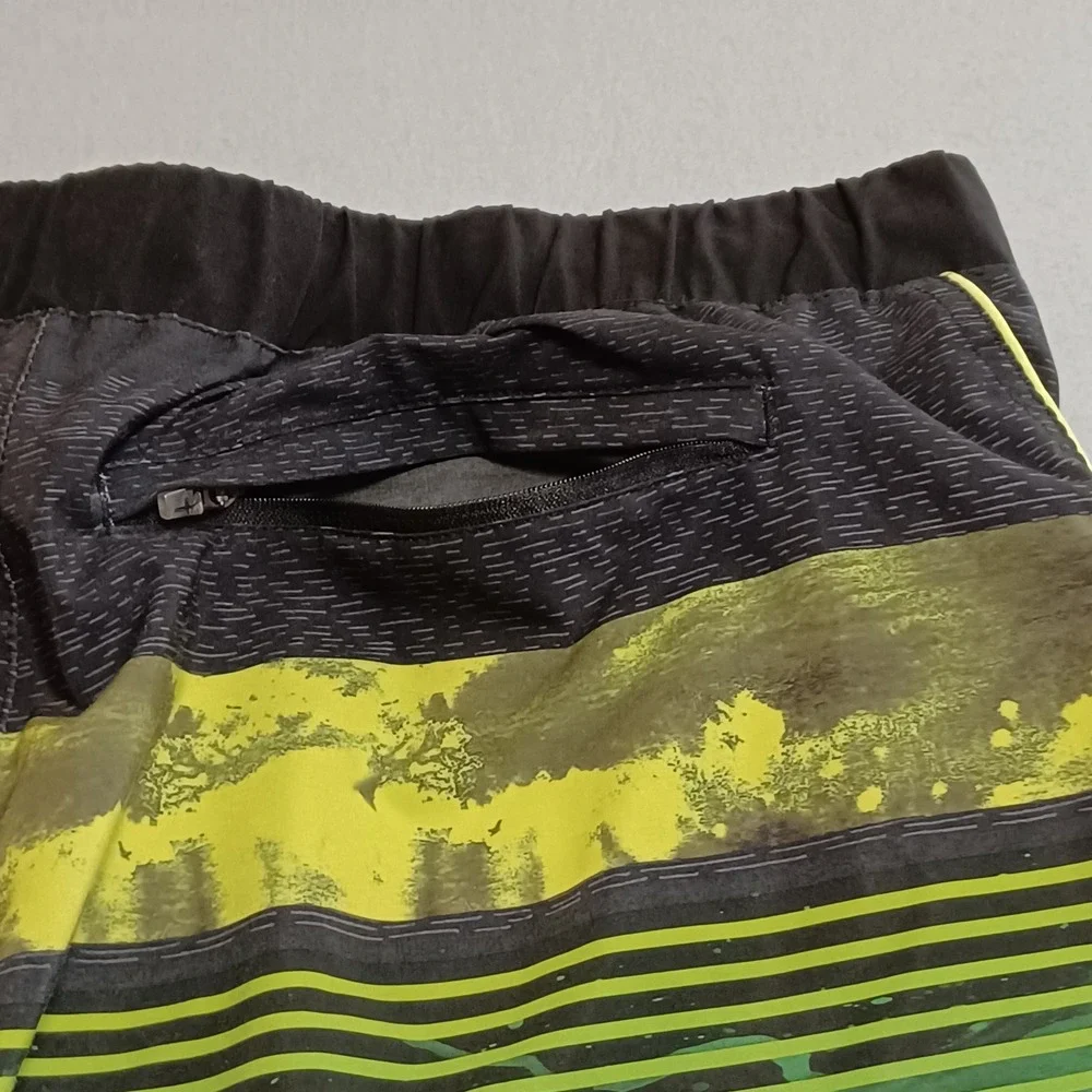 ZeroXposur Mens Board Shorts XL Black Grn Neon Striped Swim Trunks Zipper Pocket